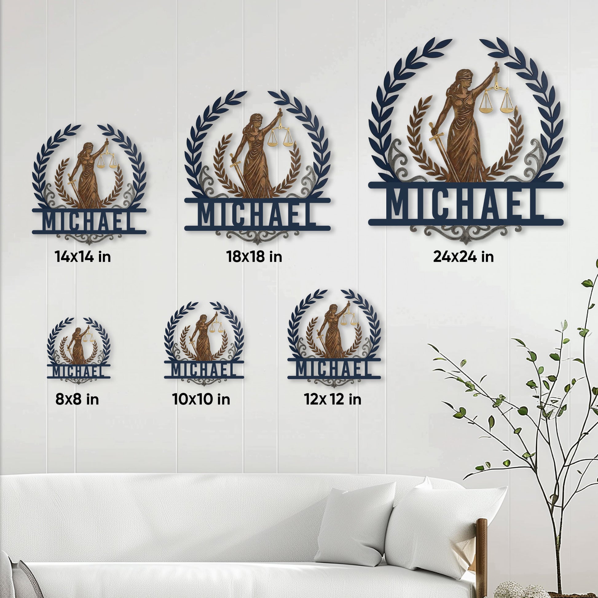 Lawyer metal sign size guide showing multiple square size options styled on a living room wall