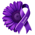 Purple fibromyalgia awareness ribbon layered over a flower on a decorative metal sign