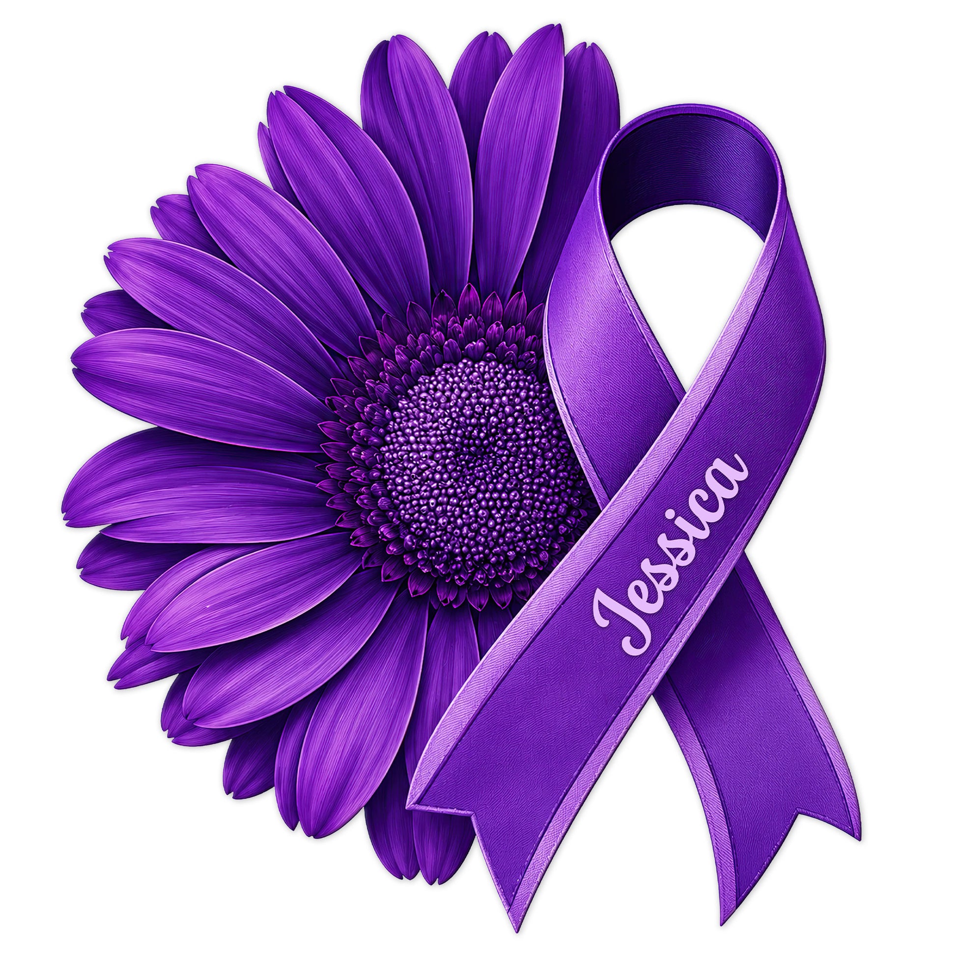 Purple fibromyalgia awareness ribbon layered over a flower on a decorative metal sign