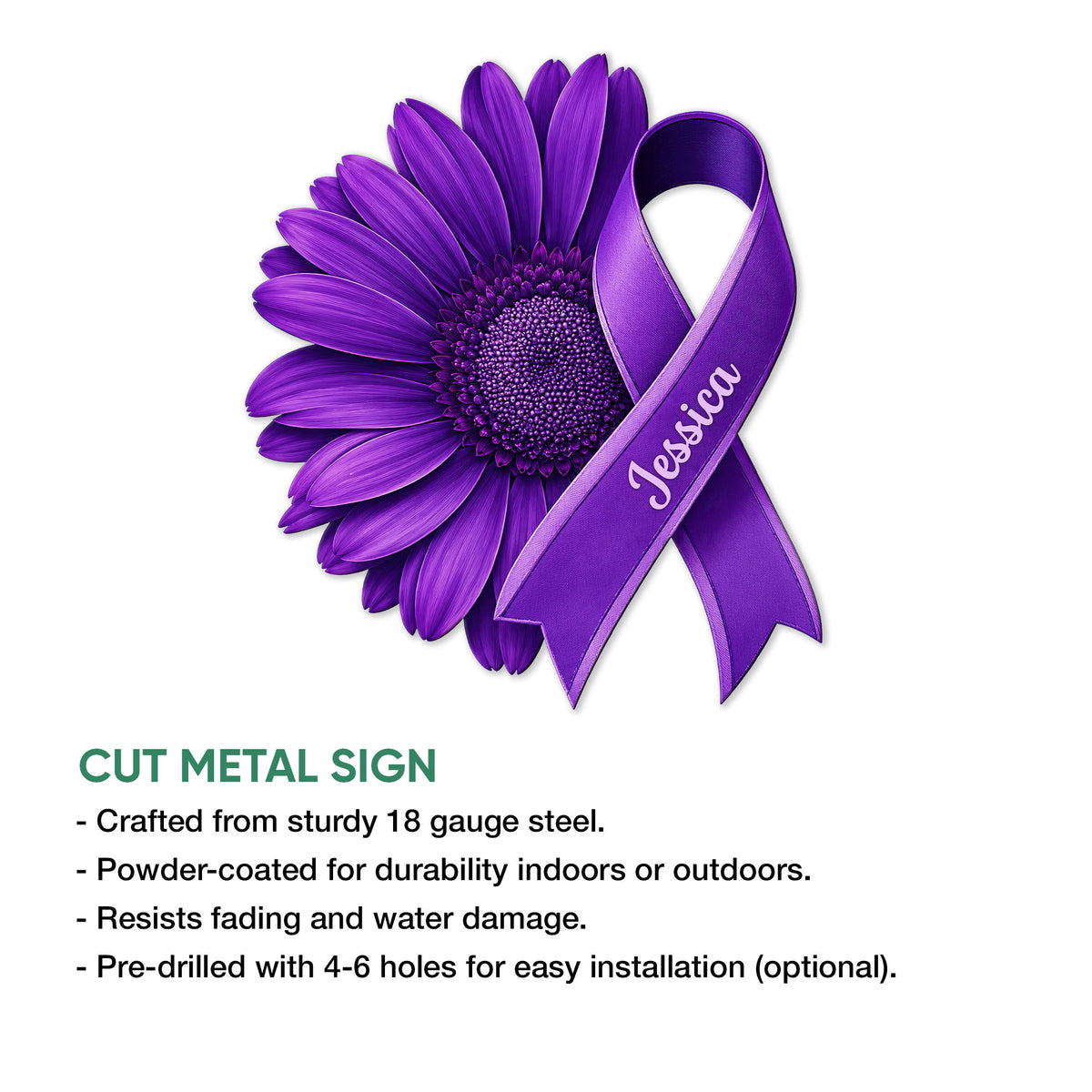 Purple fibromyalgia awareness ribbon and flower metal sign shown with product features