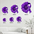 Fibromyalgia awareness ribbon metal sign shown in multiple size options on a living room wall