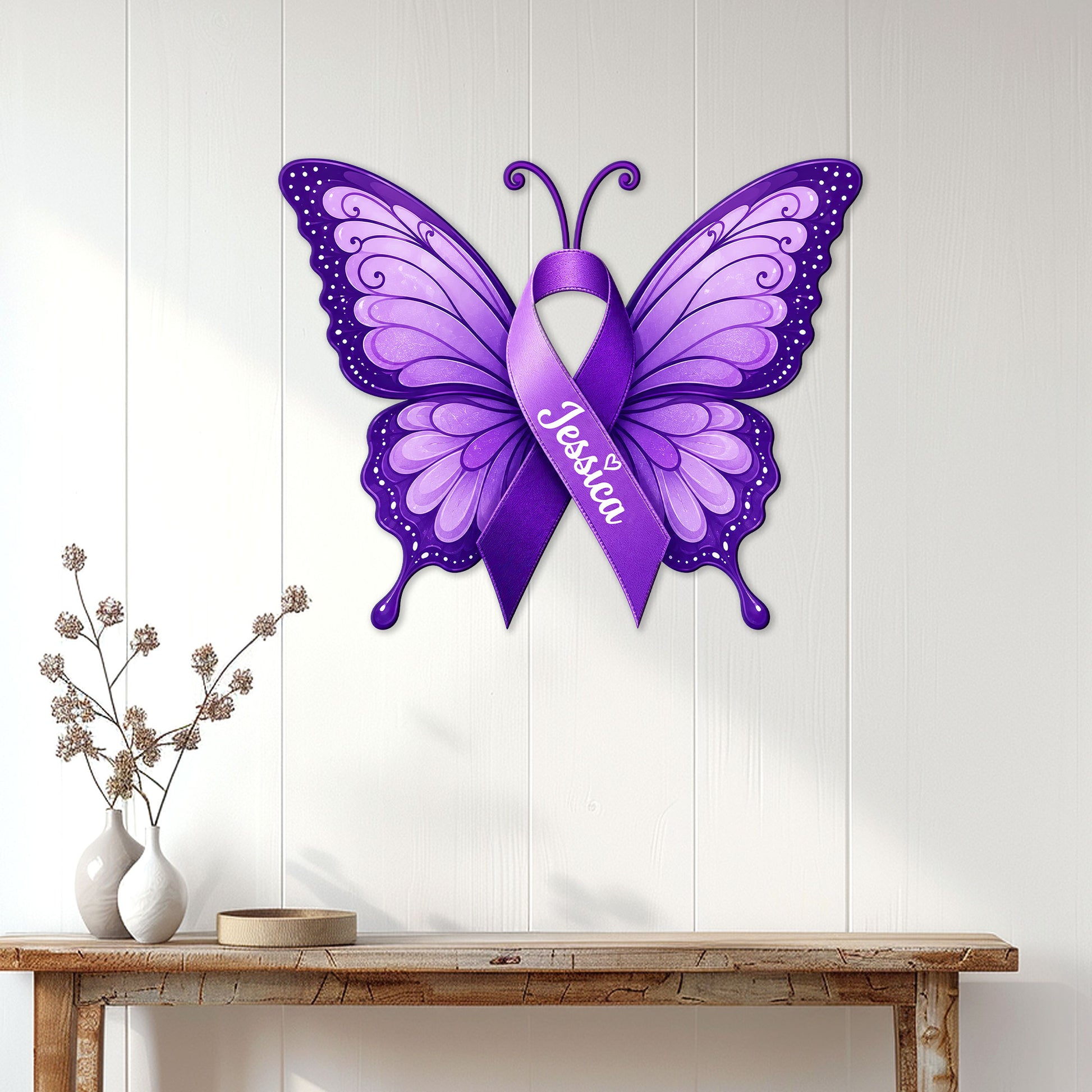 Purple Fibromyalgia awareness butterfly sign displayed on a light wood-paneled wall