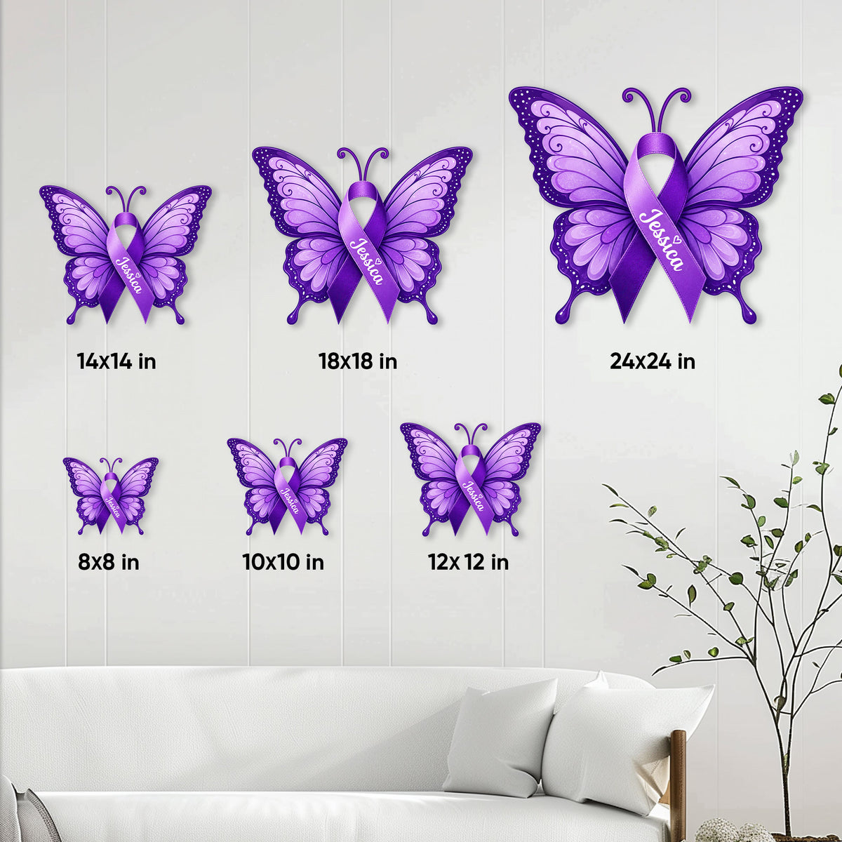 Fibromyalgia butterfly metal sign shown in multiple size options for wall decor