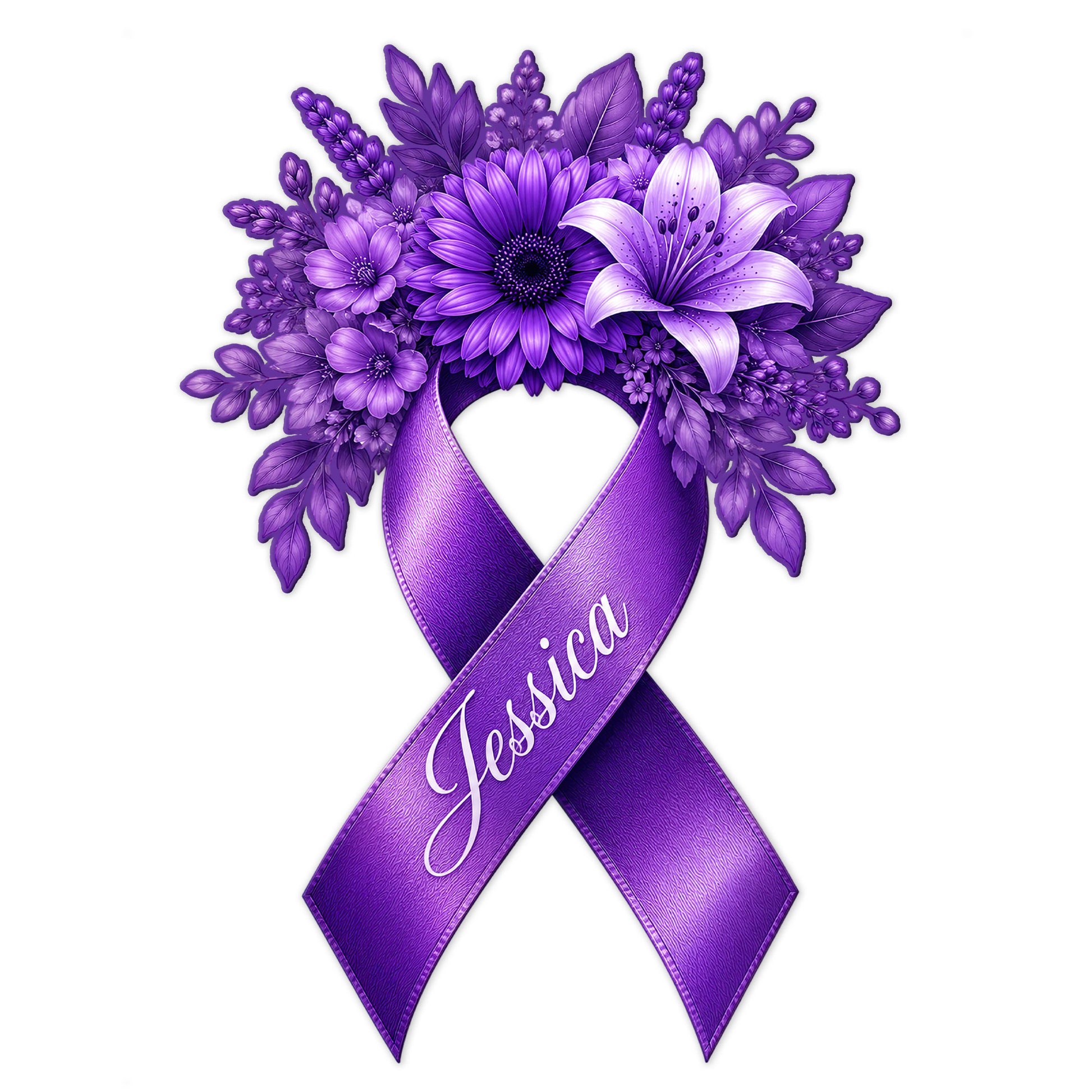 Purple fibromyalgia awareness ribbon metal sign decorated with a vibrant floral arrangement