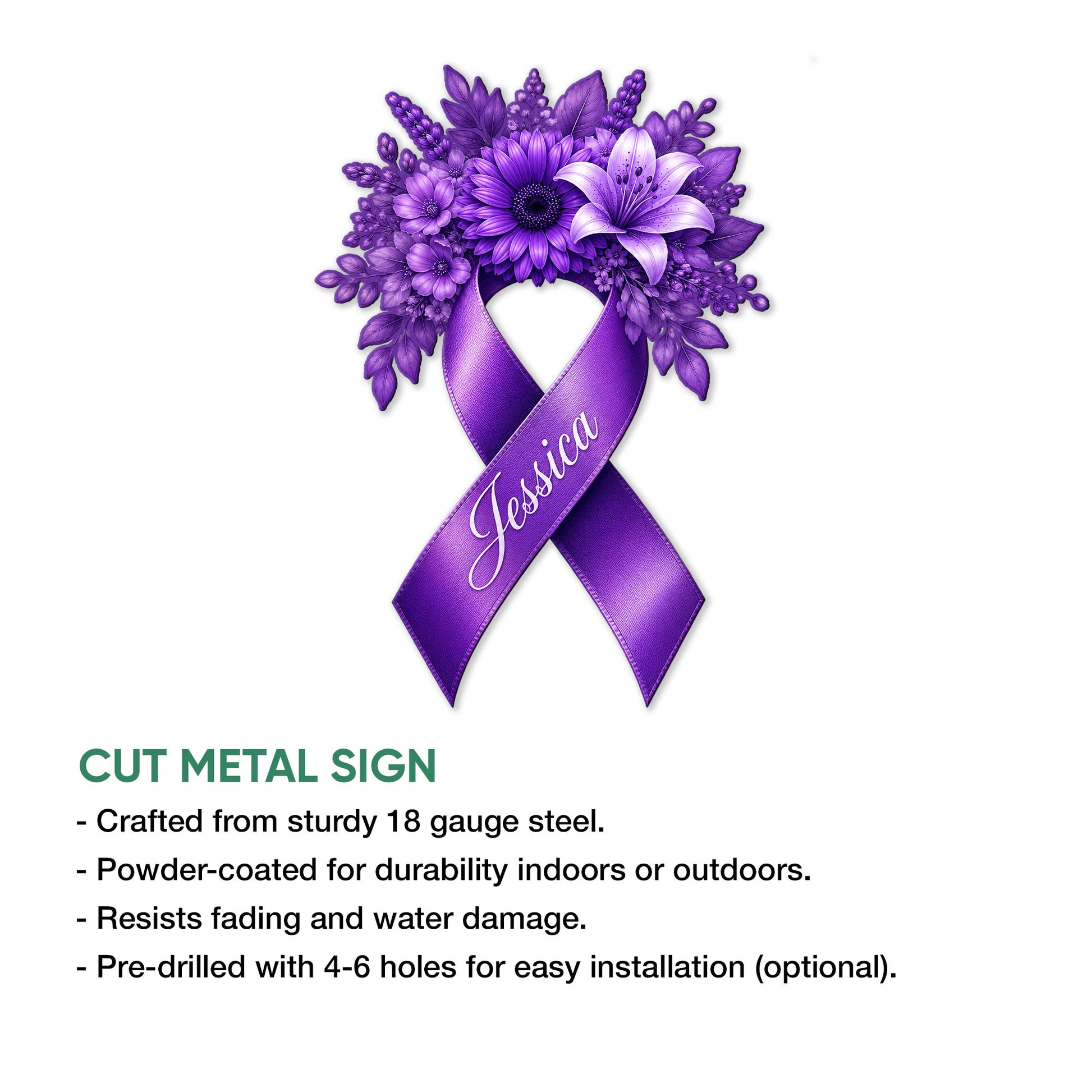 Fibromyalgia floral ribbon metal sign shown with a cut-metal sign feature overview
