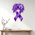 Purple fibromyalgia awareness ribbon sign displayed on a light wood-paneled wall