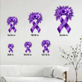 Fibromyalgia awareness ribbon metal sign shown in multiple size options on a living room wall