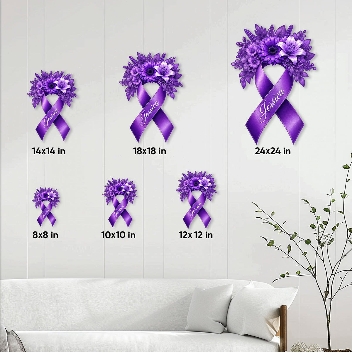 Fibromyalgia awareness ribbon metal sign shown in multiple size options on a living room wall