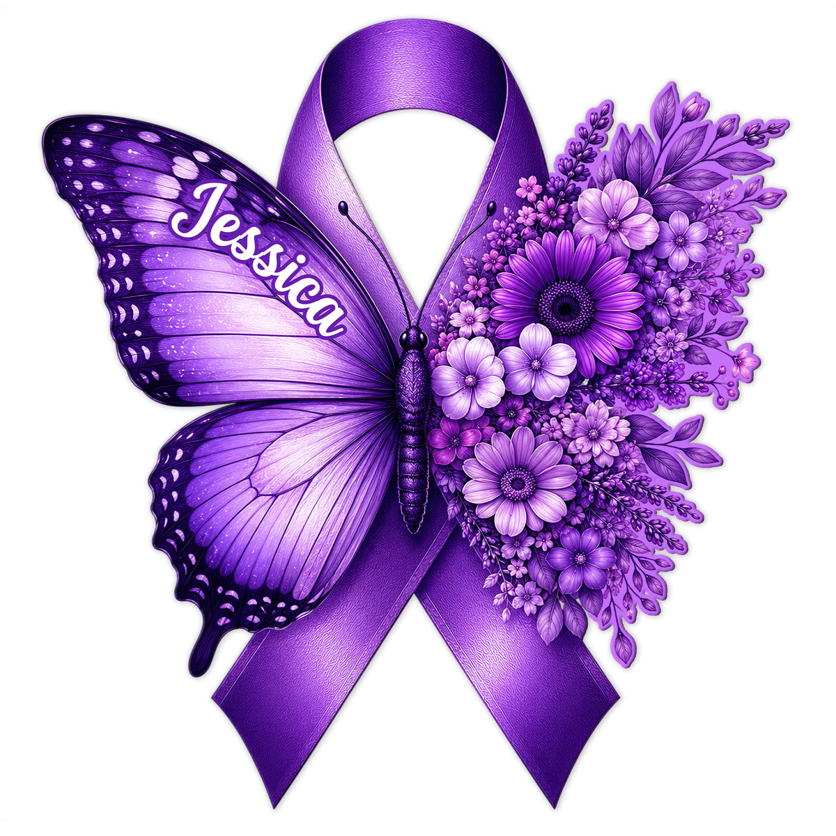 Purple fibromyalgia awareness metal sign featuring a floral butterfly and ribbon design