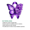 Fibromyalgia butterfly cut metal sign shown with product feature details on a white background