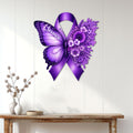 Purple fibromyalgia awareness butterfly sign displayed as wall decor above a wood console table