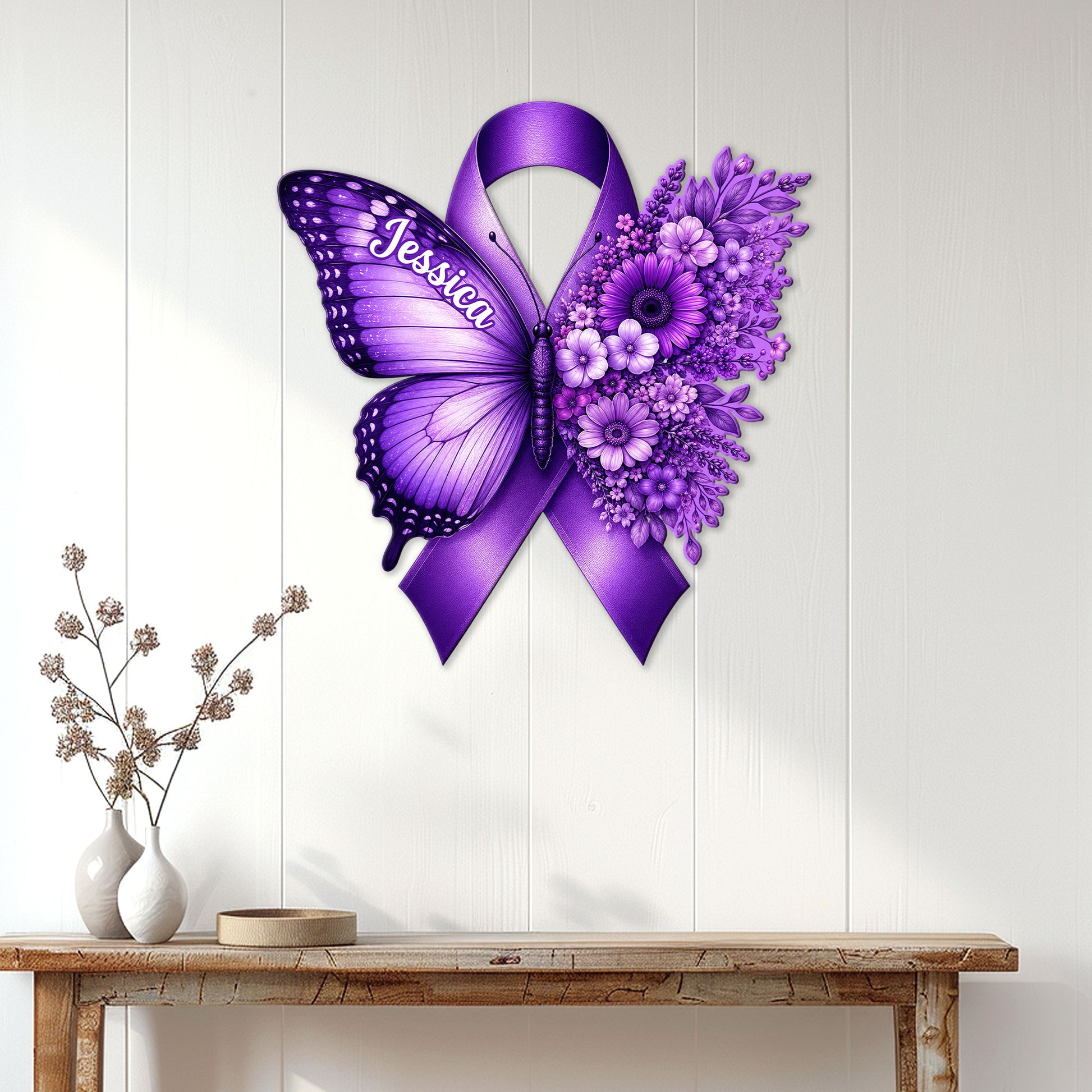 Purple fibromyalgia awareness butterfly sign displayed as wall decor above a wood console table