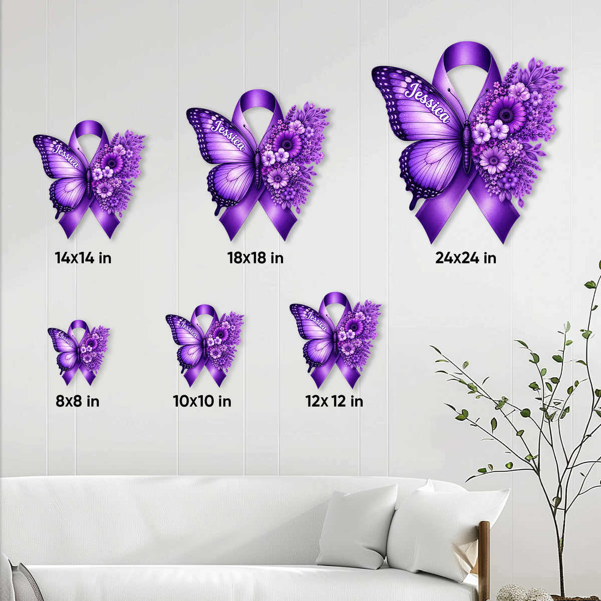 Fibromyalgia butterfly metal sign size guide showing six available square size options