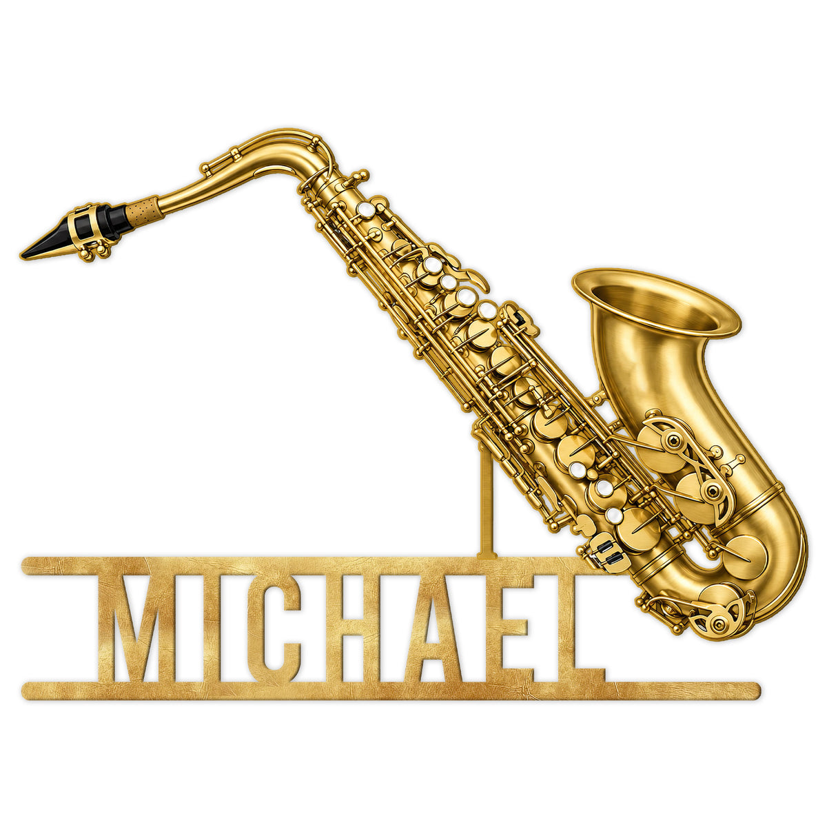 Golden saxophone metal sign with detailed keys and a bold cutout base
