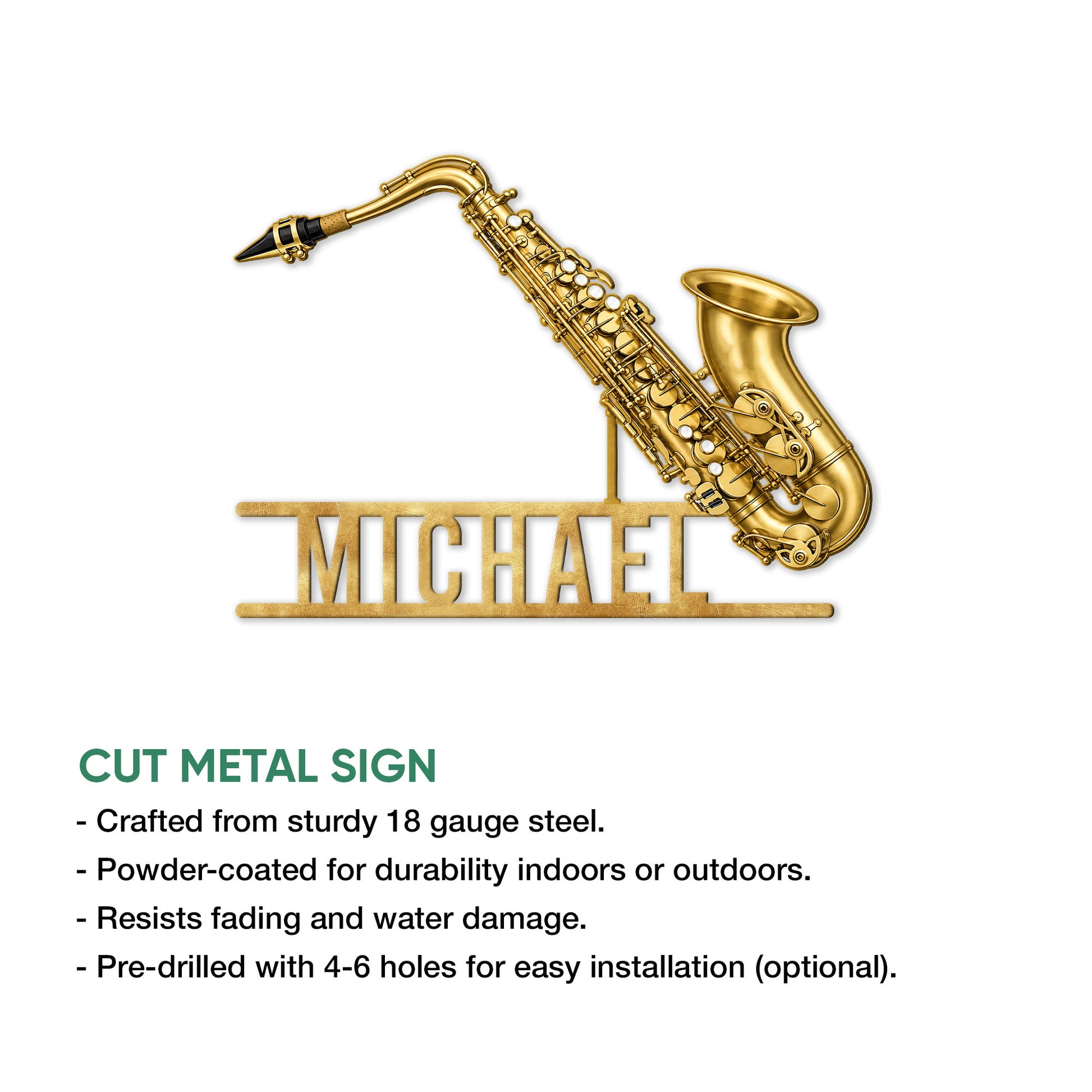 Saxophone cut metal sign shown with a product feature list and display example