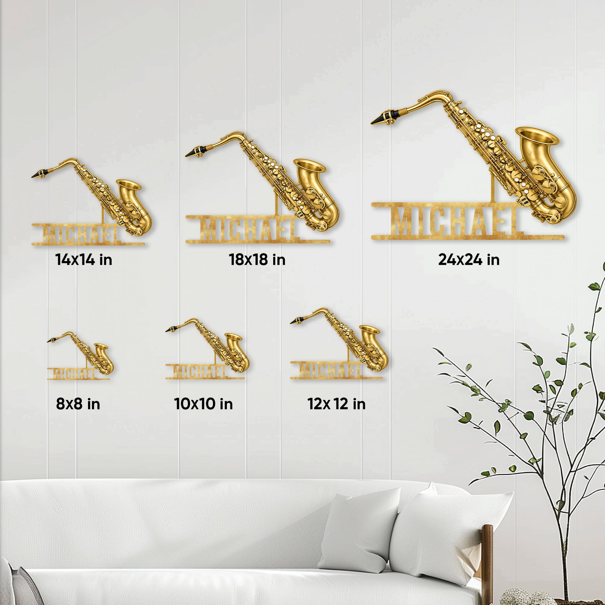 Saxophone metal sign size guide showing available dimensions from 8 by 8 to 24 by 24 inches