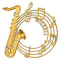 Gold-toned saxophone metal sign surrounded by musical notes and flowing staff lines