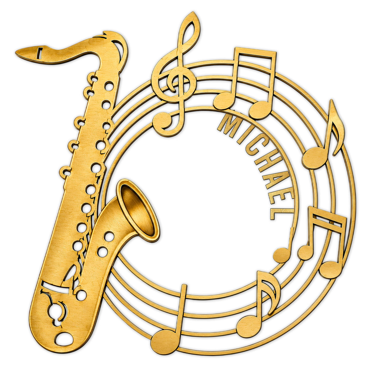 Gold-toned saxophone metal sign surrounded by musical notes and flowing staff lines