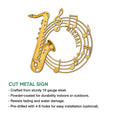 Saxophone and musical notes cut metal sign shown with product feature callouts
