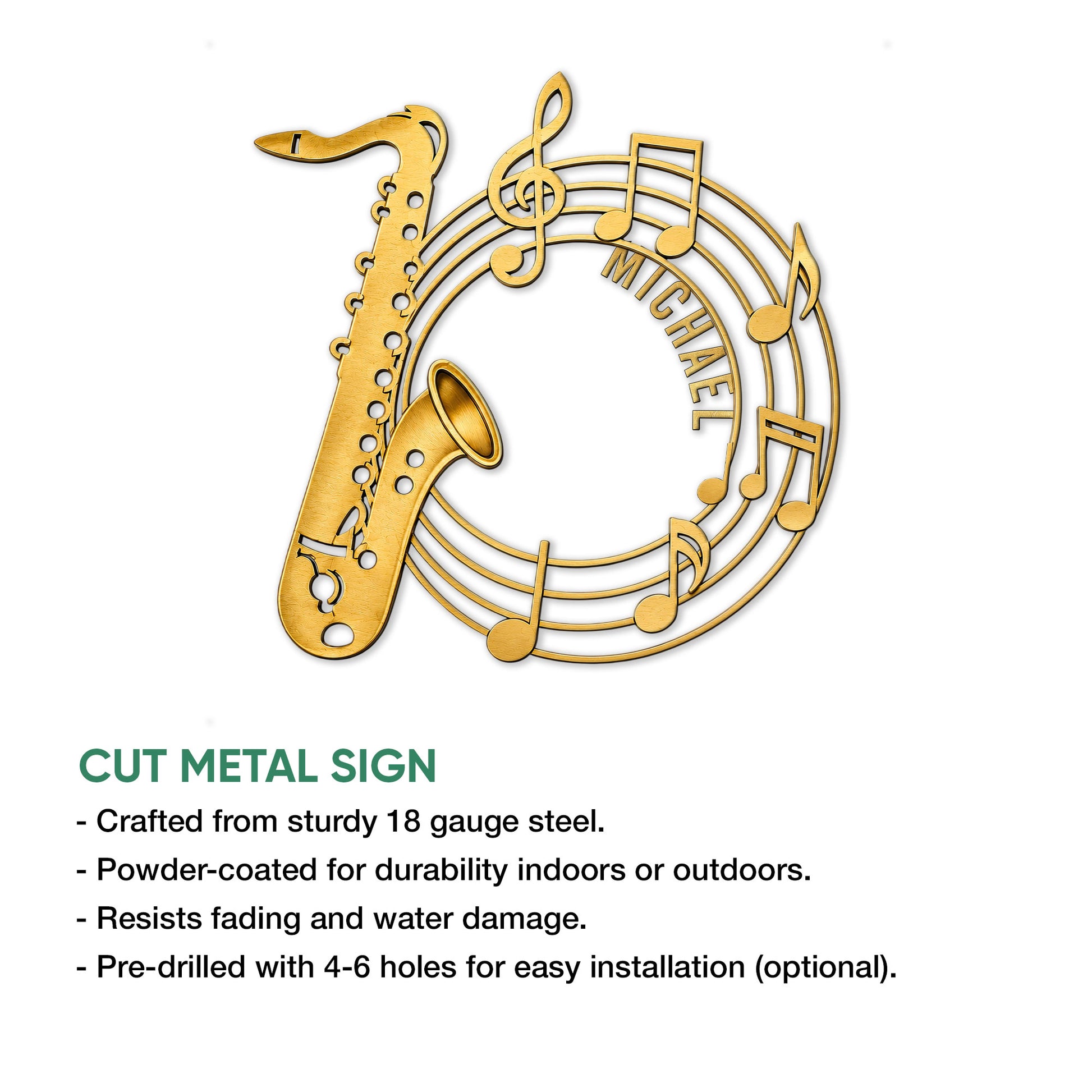 Saxophone and musical notes cut metal sign shown with product feature callouts