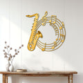 Gold saxophone wall sign displayed as music-inspired decor above a console table