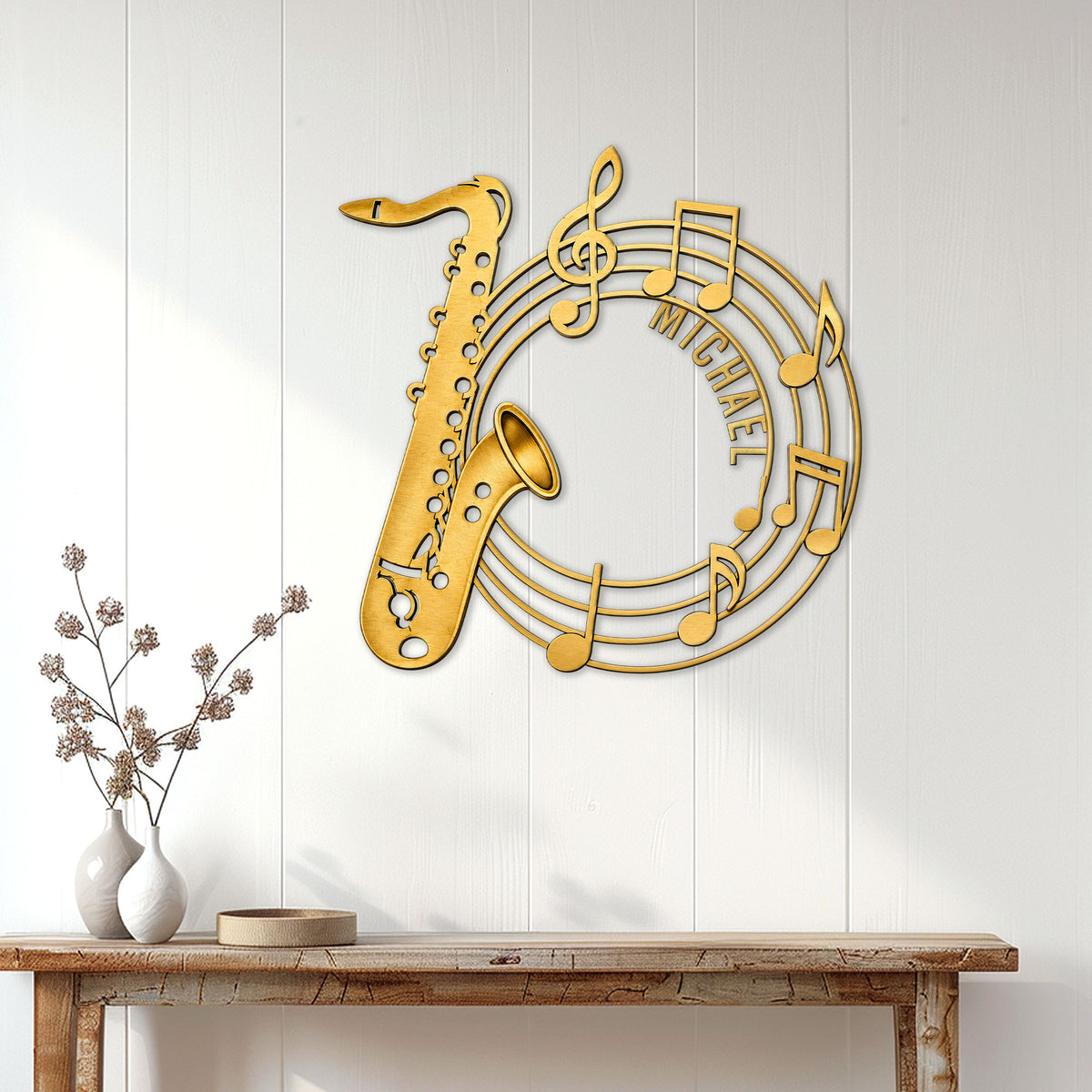 Gold saxophone wall sign displayed as music-inspired decor above a console table