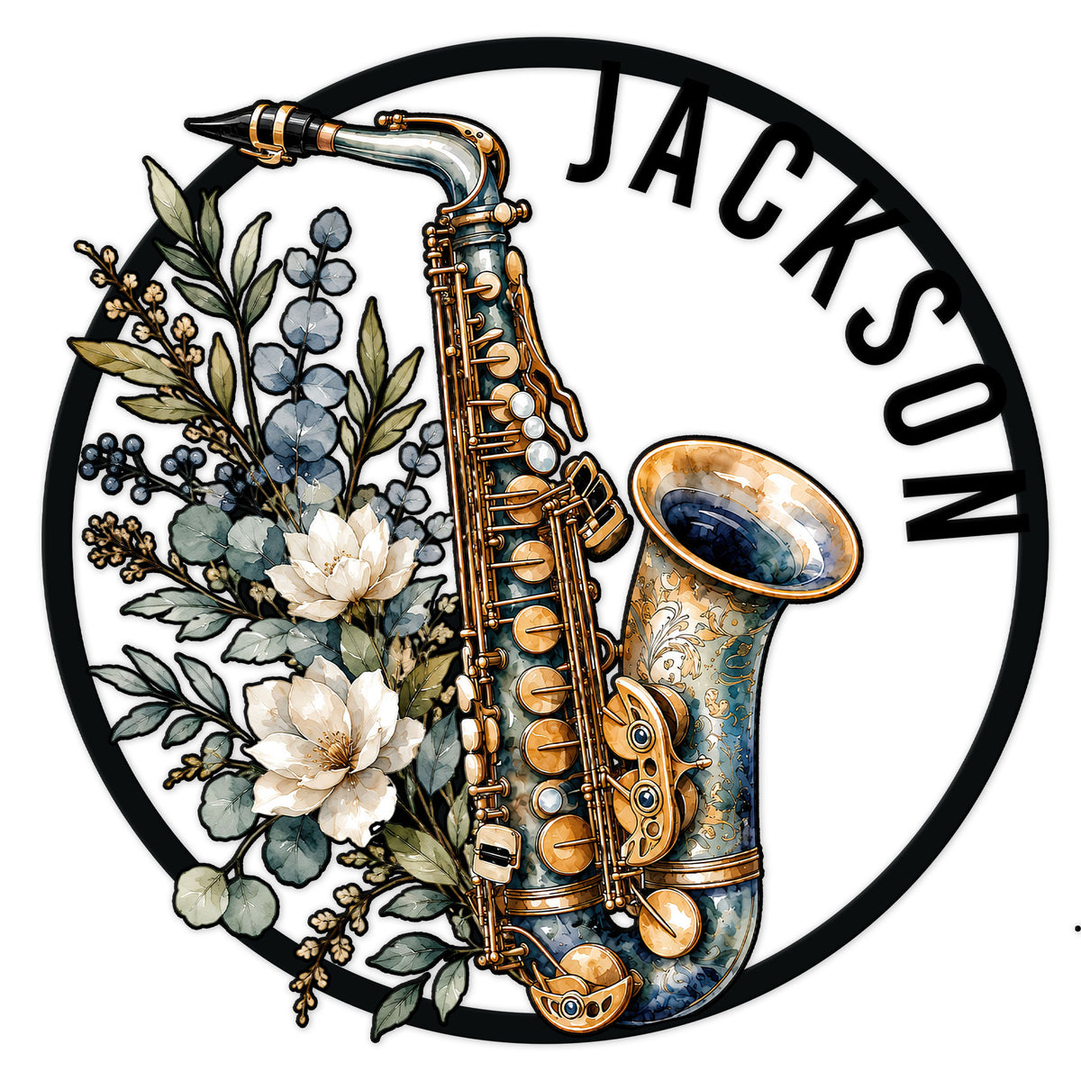 Floral saxophone metal sign with a detailed brass instrument in a circular wall decor design