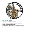 Saxophone metal sign product infographic showing the circular floral instrument design and sign features