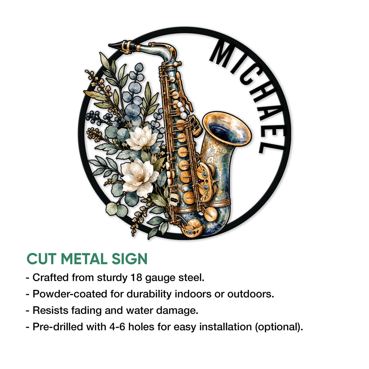 Saxophone metal sign product infographic showing the circular floral instrument design and sign features