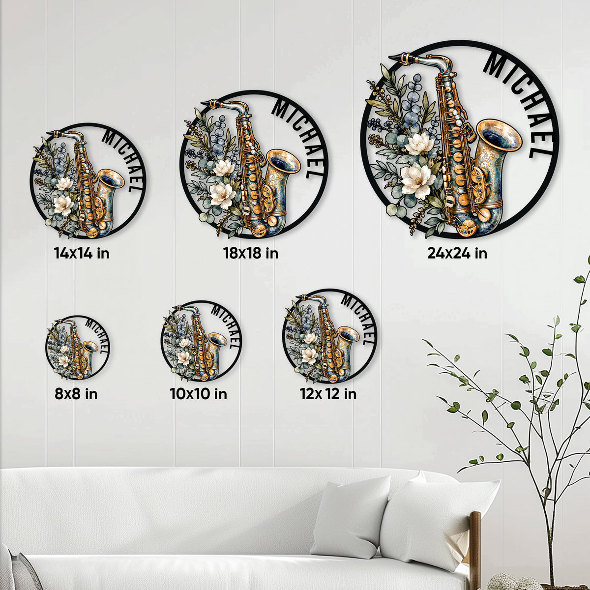 Saxophone metal sign size guide showing available round sizes from 8 by 8 to 24 by 24 inches