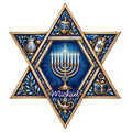 Custom Hanukkah metal sign with a glowing menorah, Star of David, dreidel, and ornate blue and gold design