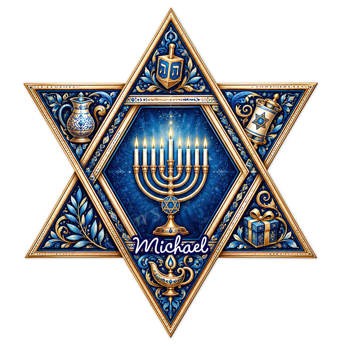 Custom Hanukkah metal sign with a glowing menorah, Star of David, dreidel, and ornate blue and gold design