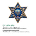 Hanukkah Star of David metal sign shown with cut-metal construction and available size options