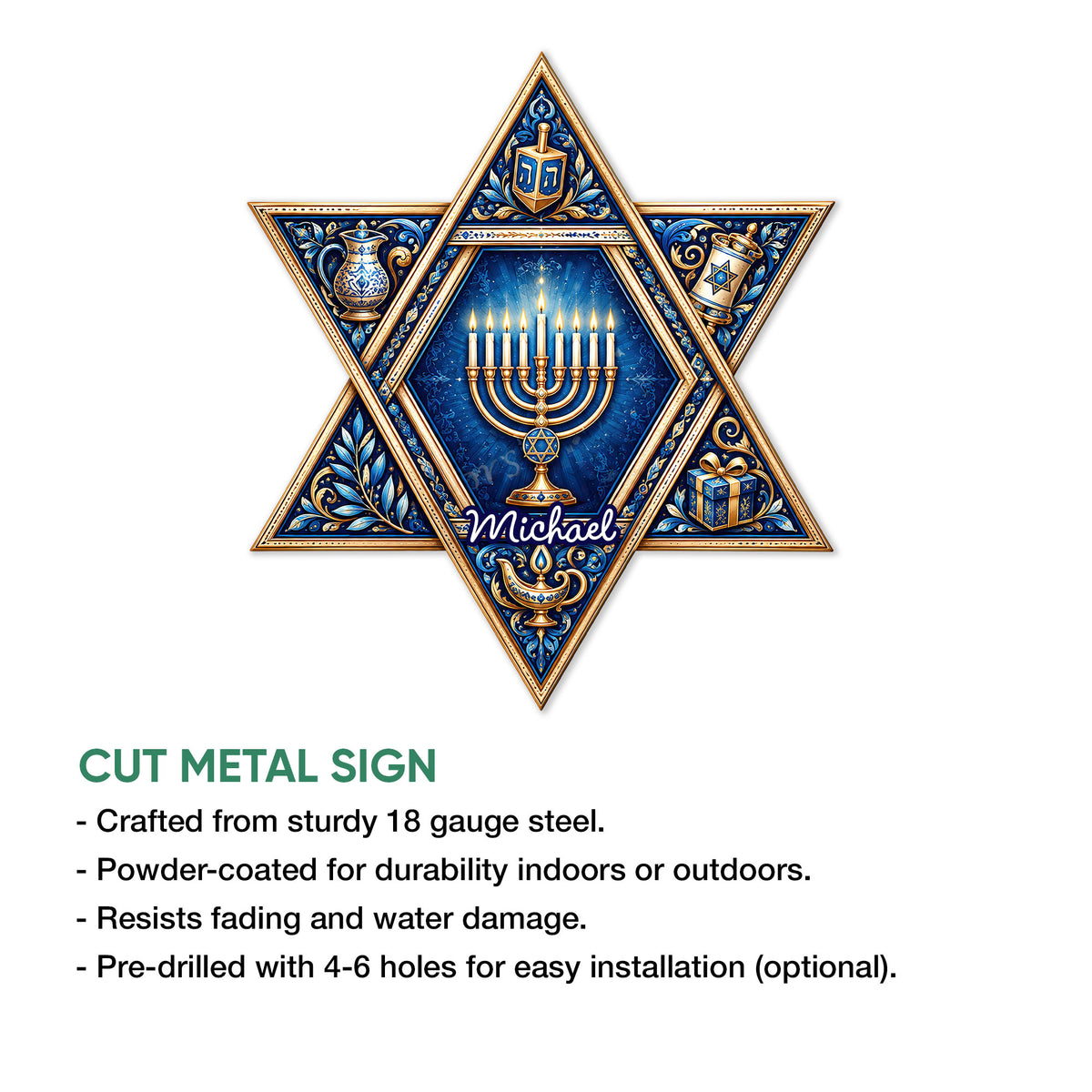 Hanukkah Star of David metal sign shown with cut-metal construction and available size options