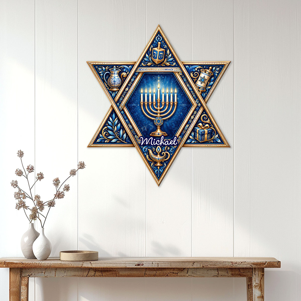 Hanukkah metal wall sign displayed above a console table, featuring a menorah and detailed Jewish artwork