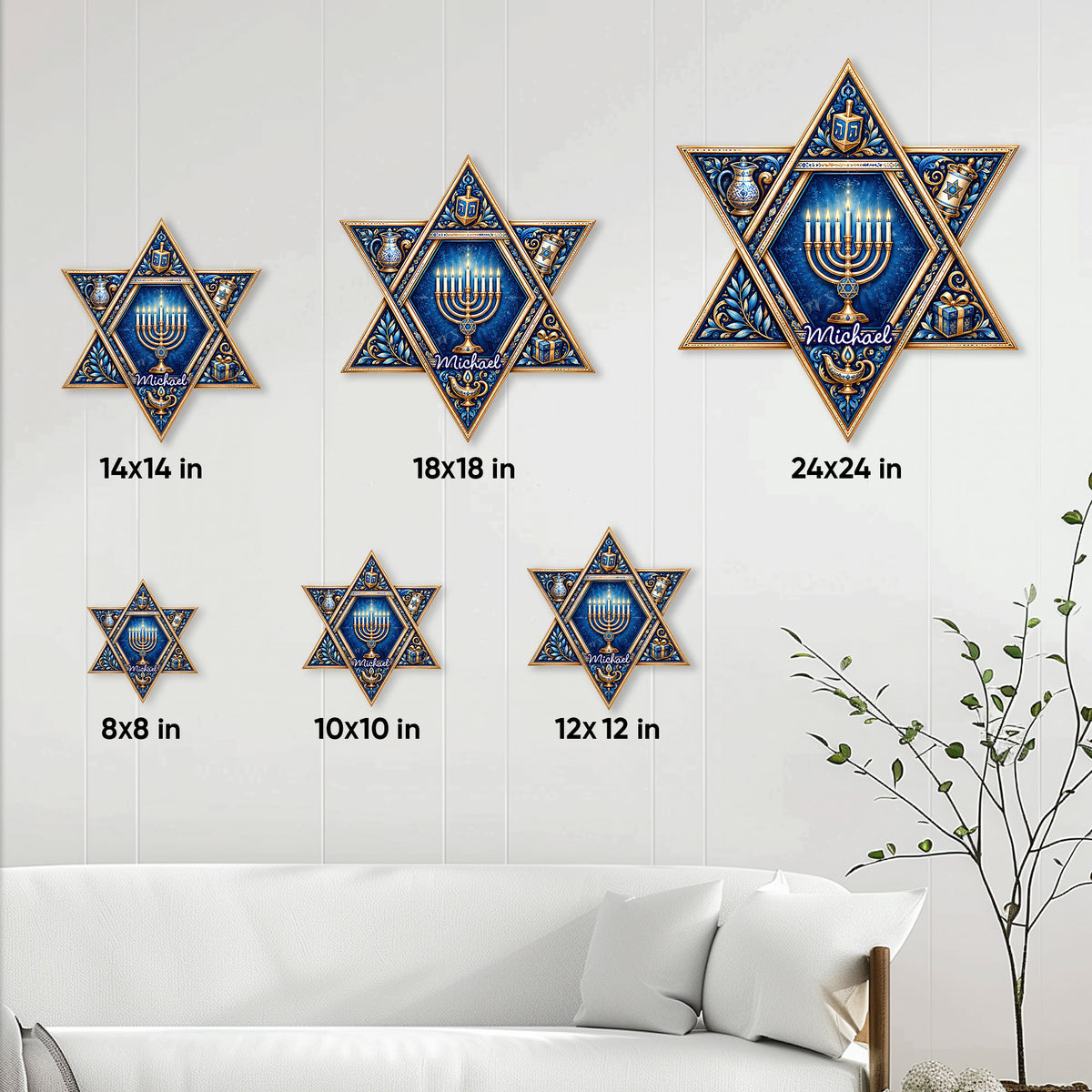 Hanukkah Star of David metal sign size guide showing multiple scale options in a living room setting