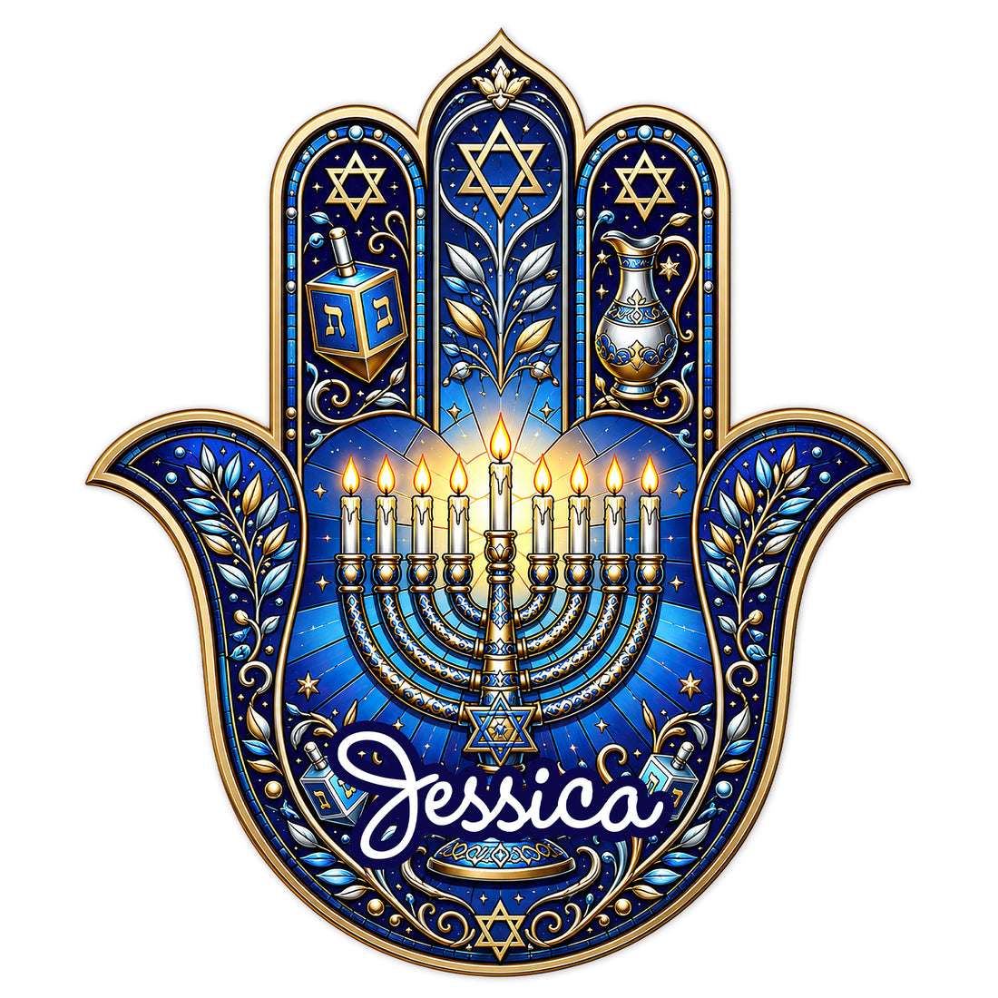 Custom Hanukkah Hamsa metal sign with a glowing menorah, Stars of David, dreidels, and blue-gold Jewish artwork
