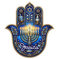 Custom Hanukkah Hamsa metal sign with a glowing menorah, Stars of David, dreidels, and blue-gold Jewish artwork