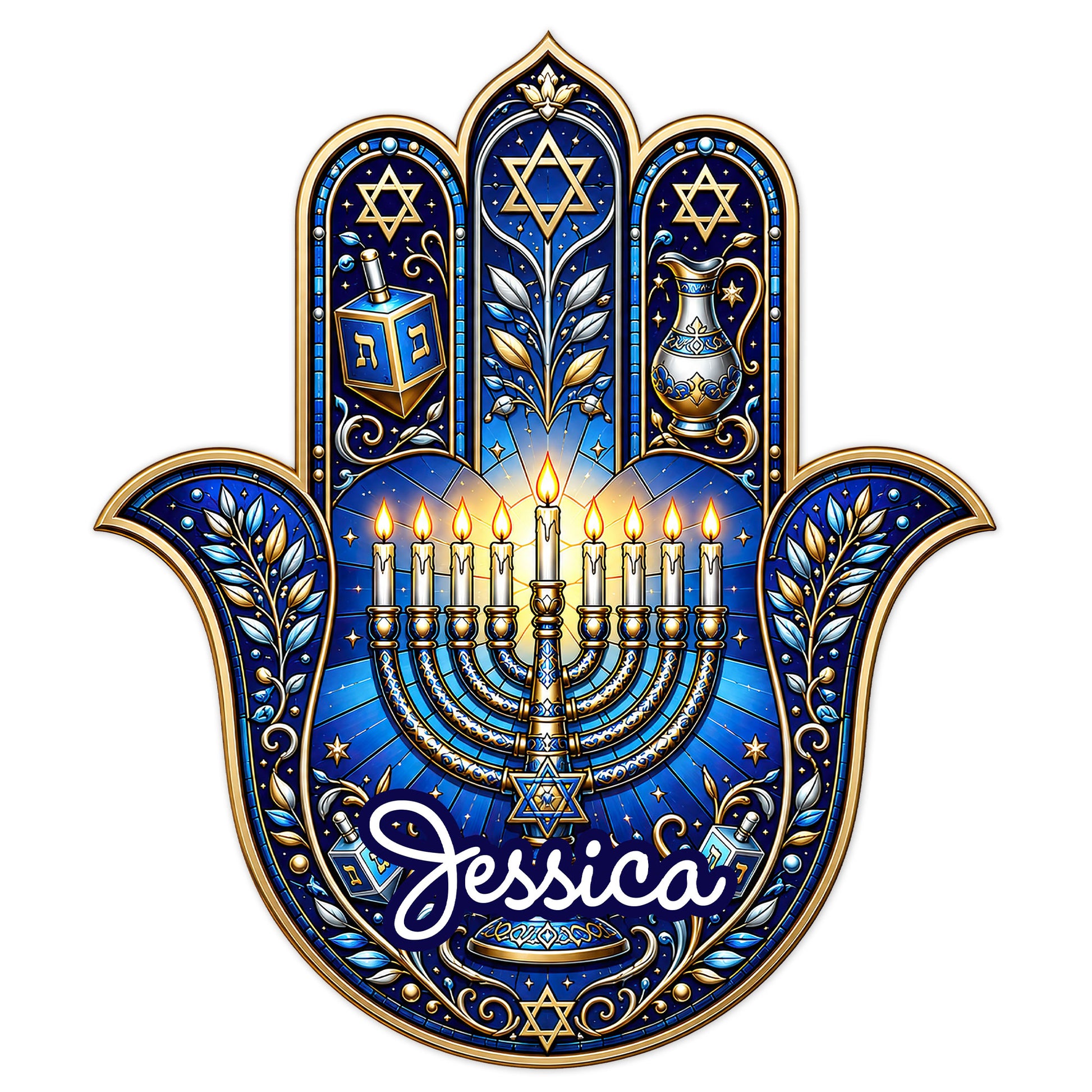 Custom Hanukkah Hamsa metal sign with a glowing menorah, Stars of David, dreidels, and blue-gold Jewish artwork