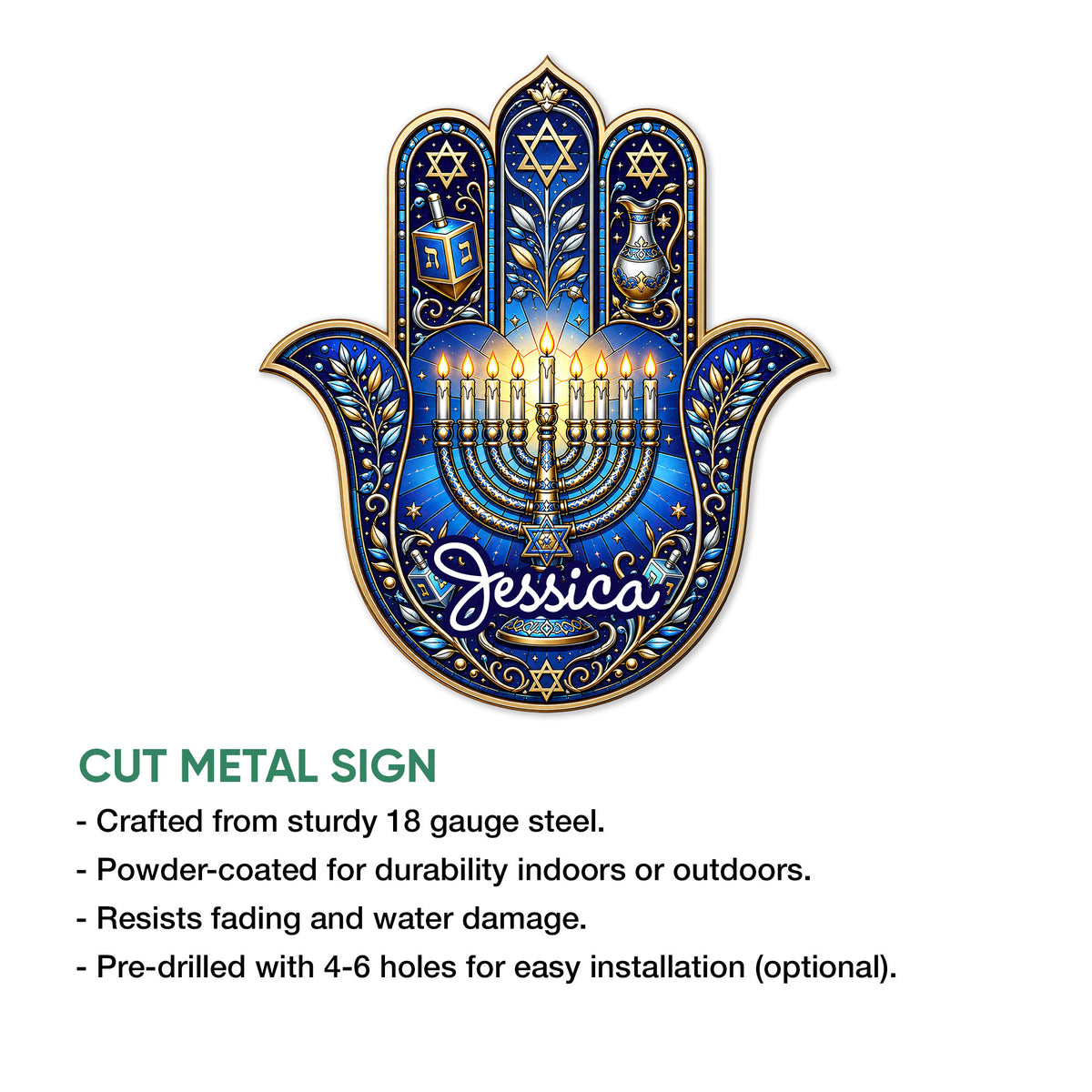 Hanukkah Hamsa metal sign feature graphic showing the cut-metal sign design and display details