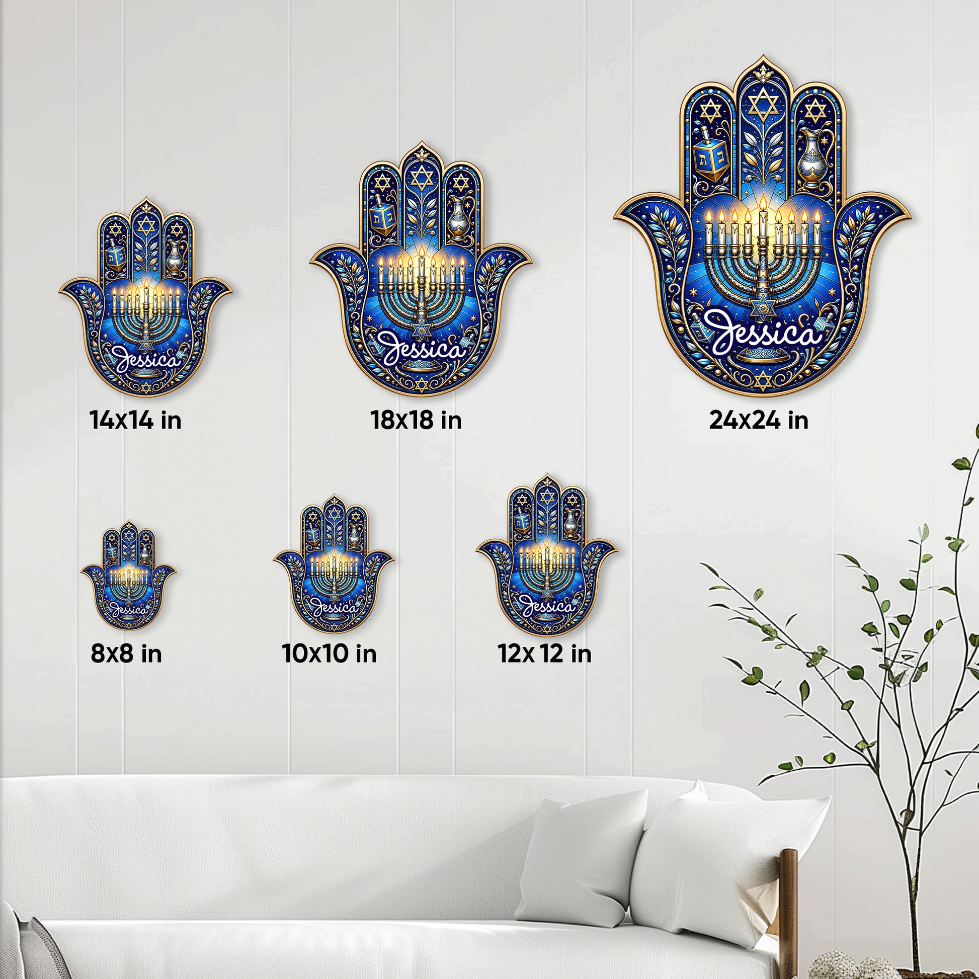 Hanukkah Hamsa metal sign size guide showing six available square size options in a home setting