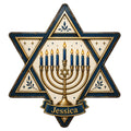 Hanukkah metal sign with a blue and gold Star of David framing a glowing menorah