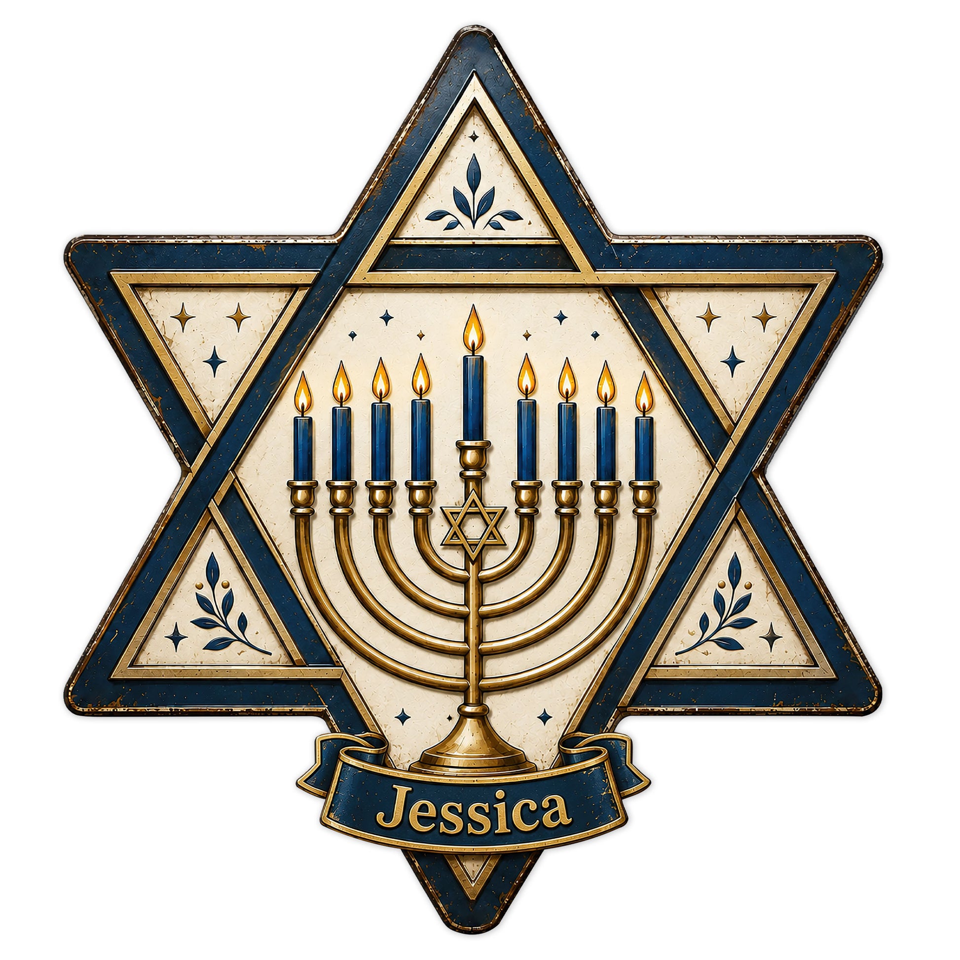 Hanukkah metal sign with a blue and gold Star of David framing a glowing menorah