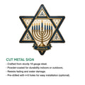 Hanukkah menorah metal sign shown with a cut-metal sign feature graphic