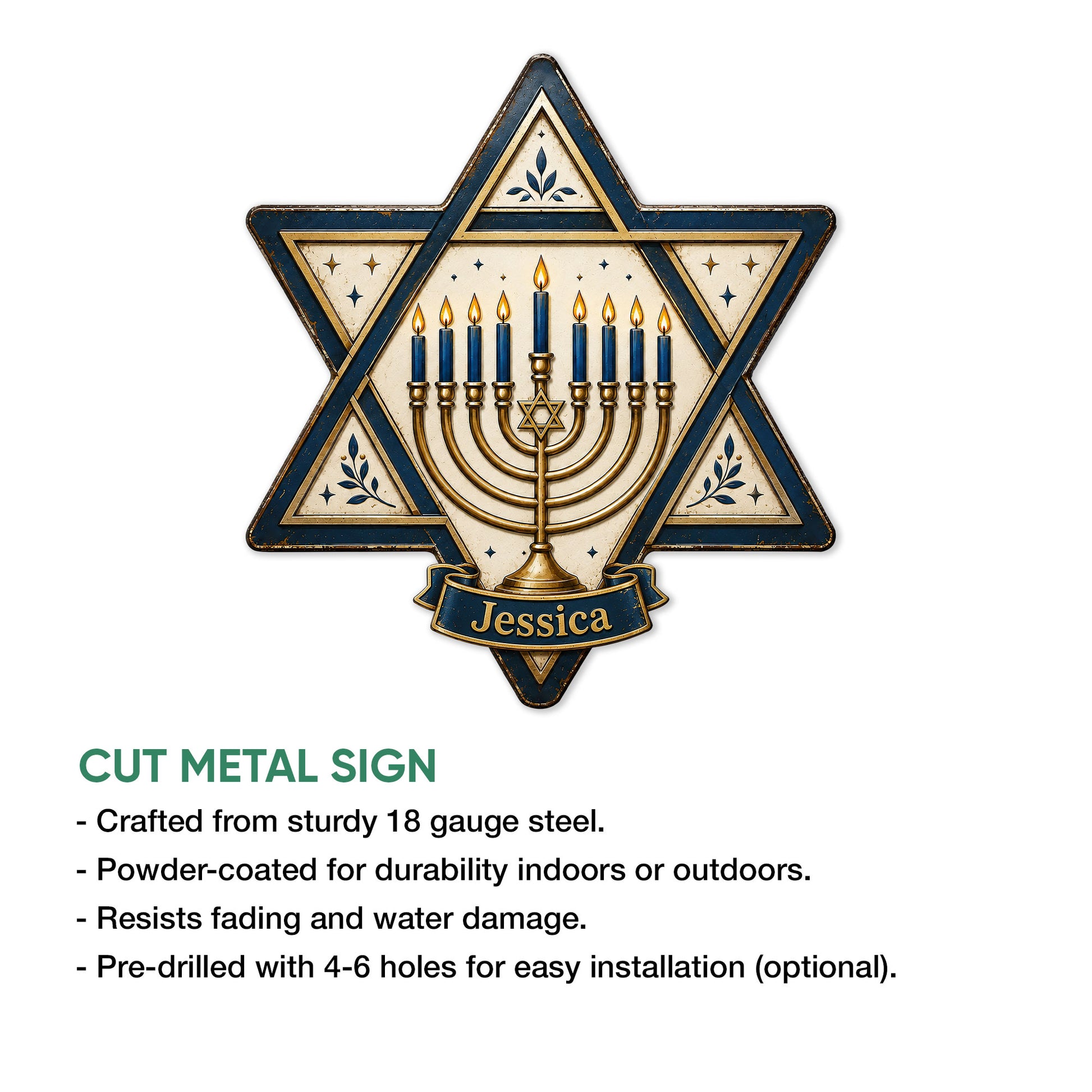 Hanukkah menorah metal sign shown with a cut-metal sign feature graphic