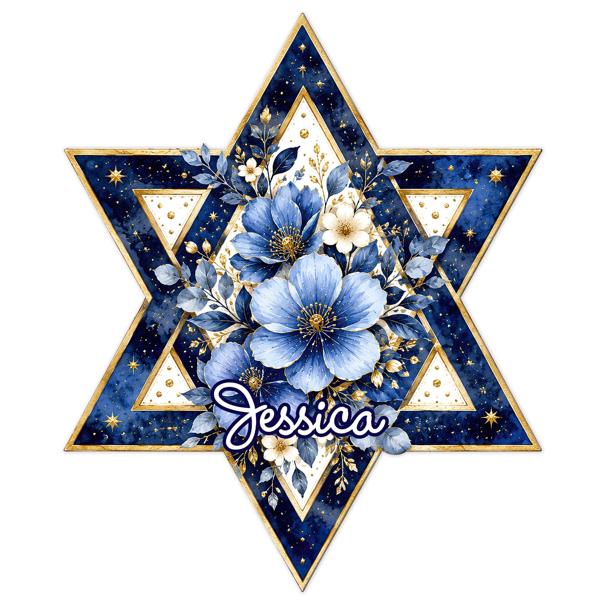 Custom Hanukkah metal sign with a blue and gold Star of David, floral artwork, and celestial accents