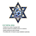 Blue and gold floral Star of David Hanukkah sign shown with cut metal sign details