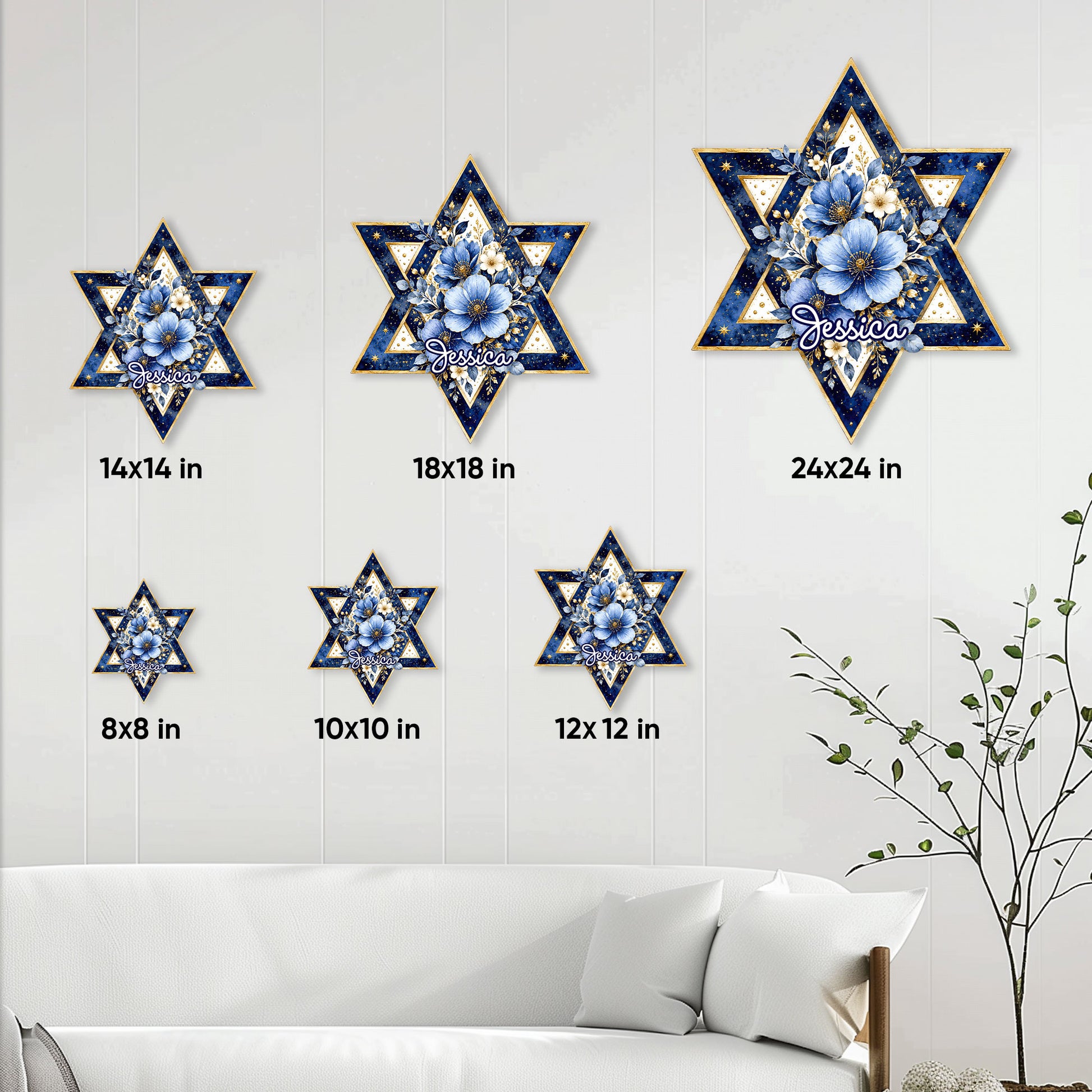 Hanukkah metal sign size guide showing Star of David floral designs in six available sizes
