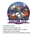 UFO alien abduction metal sign shown with a cut-metal sign feature infographic