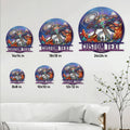 UFO metal wall sign shown in multiple sizes from 8x8 to 24x24 inches above a living room sofa